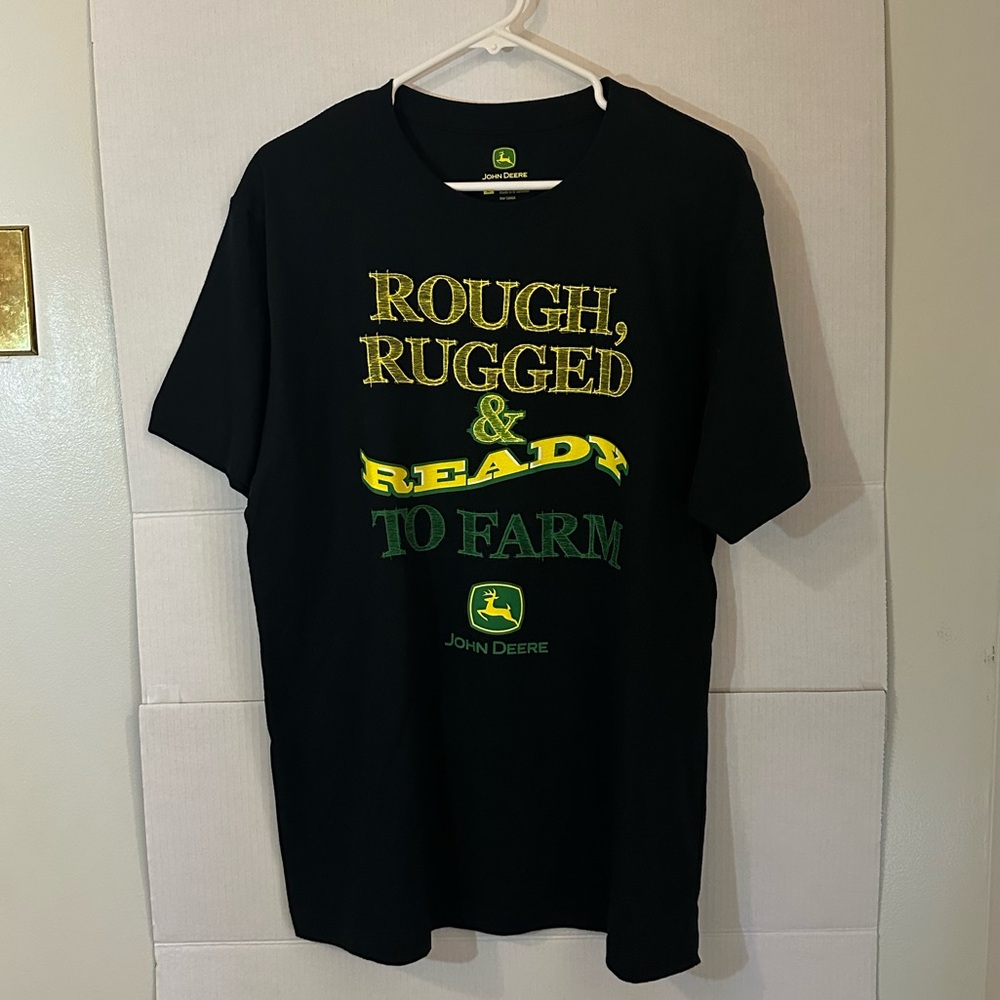 John Deere Men’s Large Black Tee Cotton Graphic Shirt Rough Rugged Ready Farm